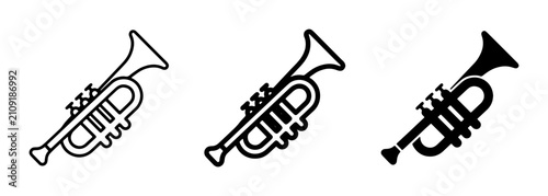 Photography Trumpet Icons Set, Brass Instrument Vector Graphics, Musical Symbol Collection f
