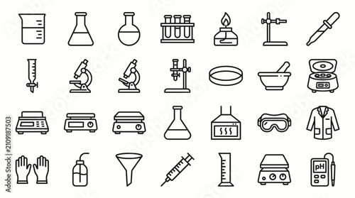 Photography Laboratory apparatus outline icons showcase essential equipment like safety goggles, lab coats, and funnels for professional scientific environments