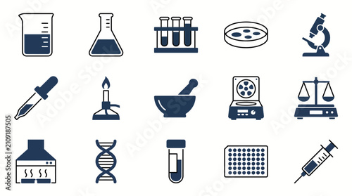 Fotografie Laboratory tools collection displays detailed icons of scientific apparatus including DNA strands, syringes, and analytical scales for advanced research