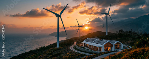 A coastal wind farm at sunset, with turbines spinning gracefully, blending harmoniously with the surrounding landscape, symbolizing clean energy and sustainable development