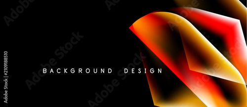 Abstract design features vibrant orange, red gradients over black background. Modern aesthetic, dynamic shapes create visual interest.