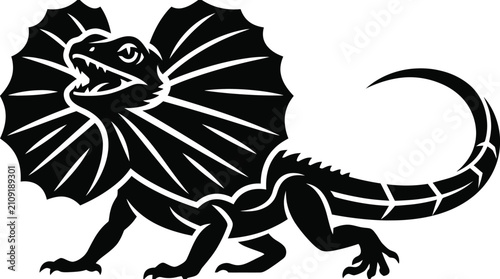 Obraz na płótnie Black and white illustration of a frilled lizard with its frill extended