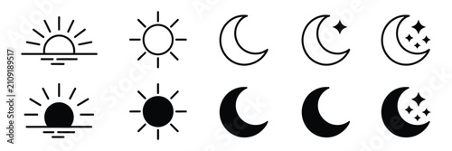 Sun weather icon set, sunrise sunset symbol, crescent moon with stars, outline and filled styles, sky elements, vector illustration