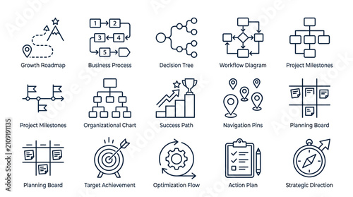 Diagrams illustrating strategic project planning and organizational milestones are presented as a collection of linear icons designed to visualize effective business growth paths and operational.