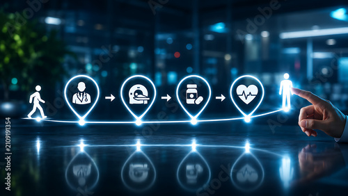 Healthcare journey roadmap with glowing milestones showing medical consultation diagnosis medication heart monitoring and wellness improvement as a hand selects the healthy patient recovery outcome