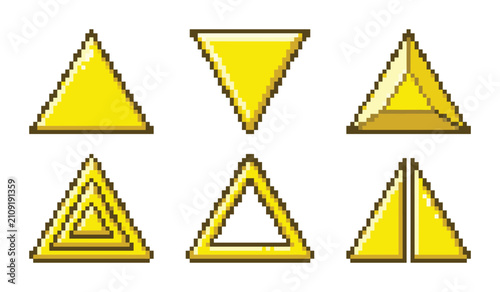 Six yellow pixel art triangle icons with different geometric patterns