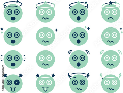 Collection of cartoon faces expressing various emotions like surprise shock dizziness and confusion.