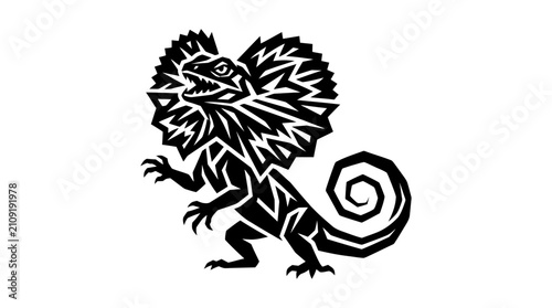 Quadro su tela Stylized illustration of a frilled lizard in black and white.