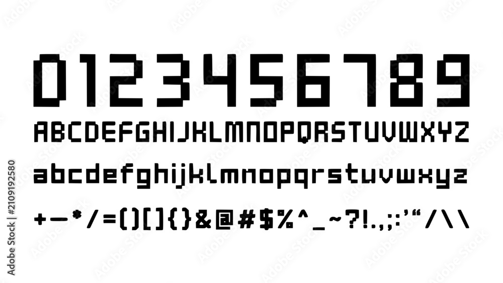 Obraz premium Digital Display of Alphanumeric Characters and Symbols in a Pixelated Font Style Featuring Typography, Letters, Numbers