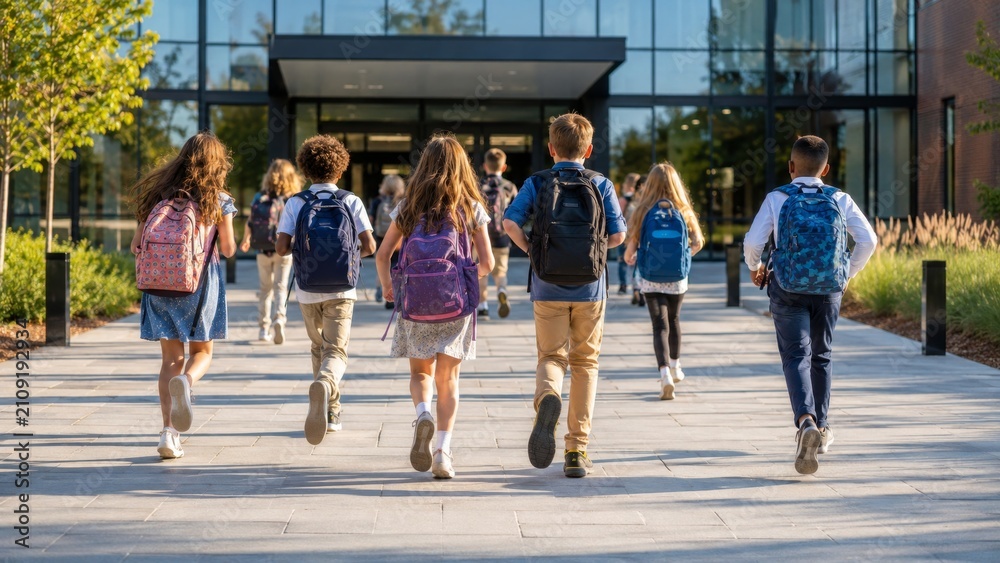 Obraz premium Schoolchildren Walking Toward a Modern School Building on the First Day Back to School