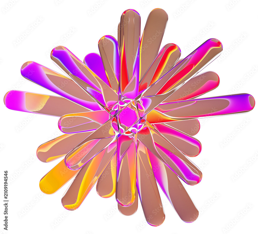 Obraz premium Fractal glass flower with neon purple red yellow gradient texture. Abstract render floral pattern of geometric transparent rounded lines with fluorescent light glow waves, digital art