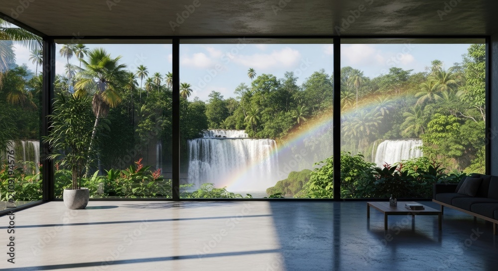 Fototapeta premium Bright living space with waterfall view and rainbow.