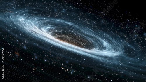 Massive black hole with glowing accretion disk and gravitational lensing effect in deep space surrounded by distant stars