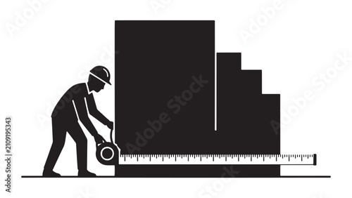 Construction worker measuring building height with survey tools at an urban site for planning and inspection