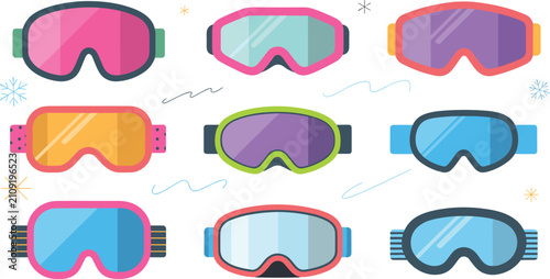 Ski Goggles Collection Vector Set with Colorful Snow Goggles, Winter Sports Eyewear, Protective Snowboard Glasses, and Outdoor Gear Isolated on White