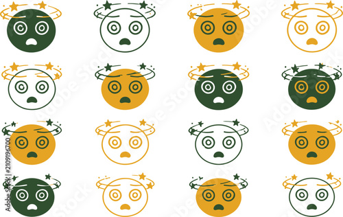 Bild auf Leinwand Multiple dizzy faces with stars circling their heads express confusion and disorientation