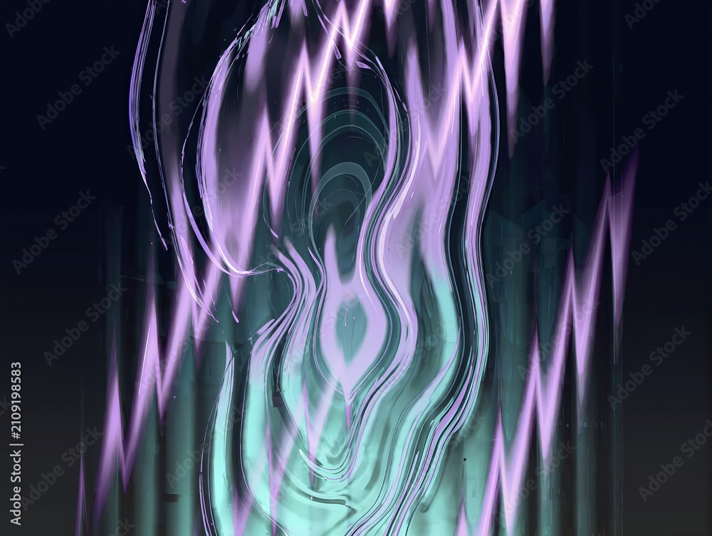 Obraz premium Vertical teal and purple streaks form an abstract ripple pattern against a dark background. Translucent curved bands and jagged violet light waves create a