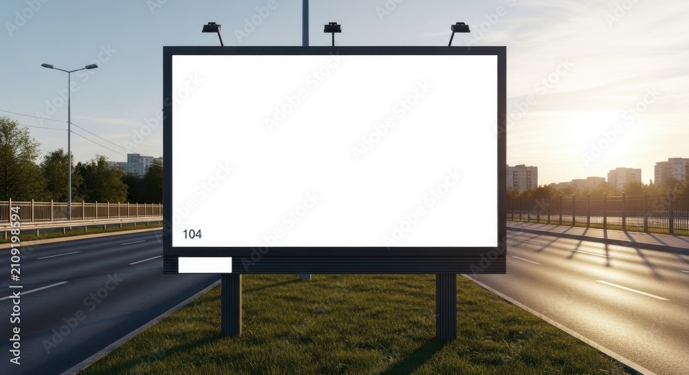 Obraz premium Empty billboard on highway at sunset with city backdrop.