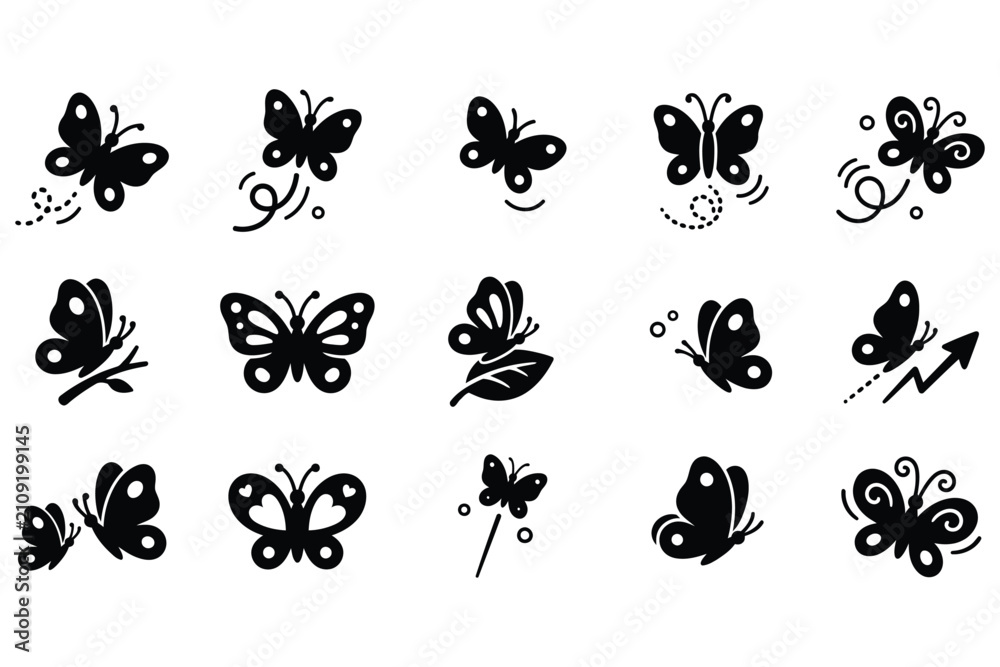 Obraz premium Minimalist Flying Black Butterfly Silhouette Icons Collection for Commercial Design Projects