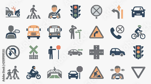 Konstfotografi Professional Flat Icons Set of Road Safety Traffic Rules Vehicles and Pedestrian