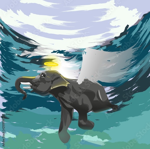 Photography illustration of a winged elephant with an ocean background full of waves