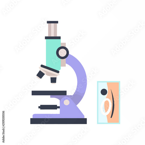 Obraz na plátne Purple teal gradient microscope with black eyepiece and white slide platform vector icon isolated