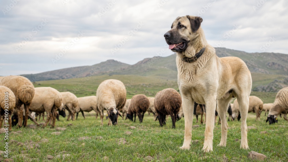 Fototapeta premium Loyal Kangal Shepherd Dog Watching Over Grazing Sheep Herd Across Vast Anatolian Mountain Pasture Under Soft Daylight During Rural Farming Activities