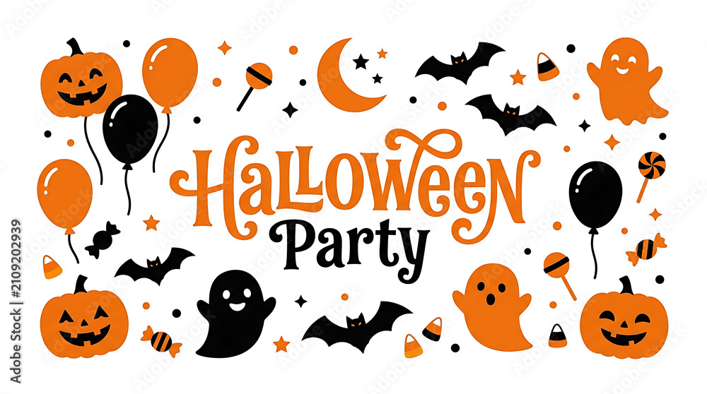 Fototapeta premium Halloween party illustration with pumpkins and bats , Happy halloween 2026, Halloween 2026, Halloween, Halloween design, Halloween Poster Design .
