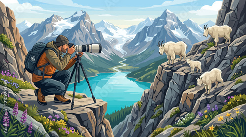 Photographer Captures Mountain Goats in Scenic Alpine Landscape