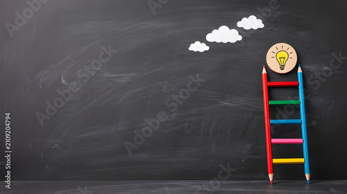 Blank dark chalkboard background with white cloud sketch and red pencil tip for school education