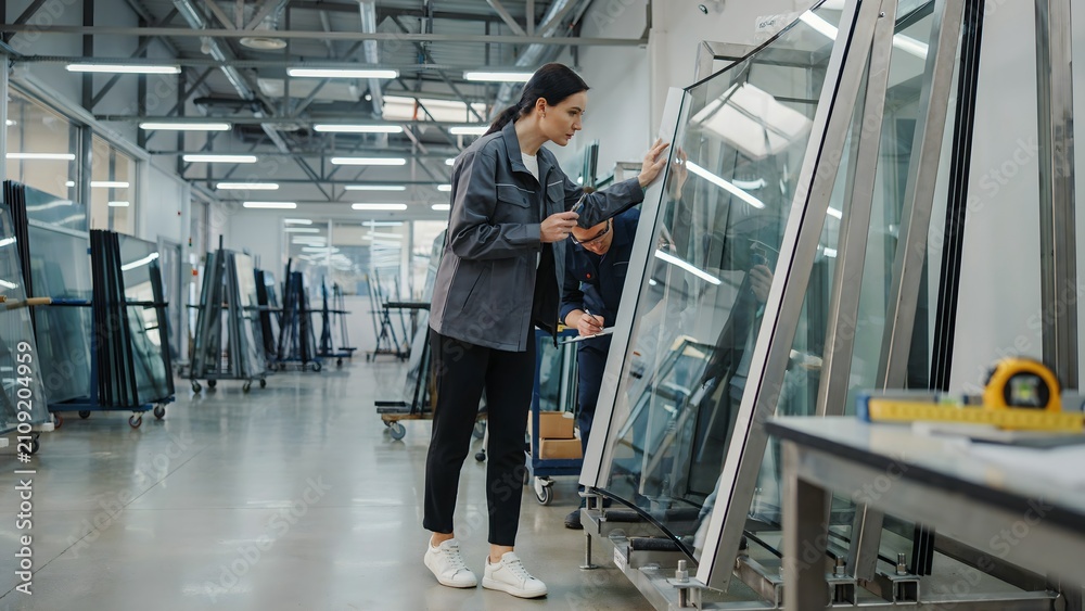Fototapeta premium Woman Inspecting Glass Windowpane in Large Factory or Warehouse Setting