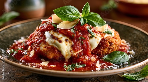 A premium Chicken Parmesan collection featuring crispy breaded chicken, bubbling mozzarella, parmesan shavings, rich marinara sauce, basil leaves, artisan ceramics, Italian textures