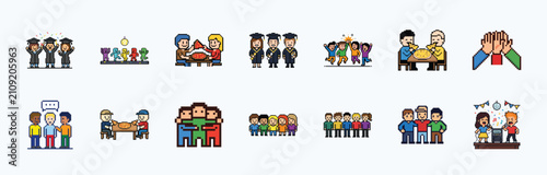Social activities and group gatherings collection pixel art style icons for web design.