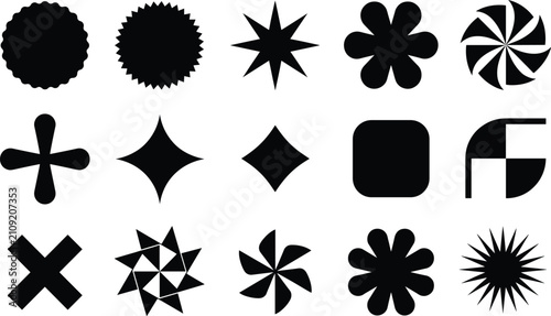 Foto Geometric shape silhouette vector set featuring stars flowers badges burst cross
