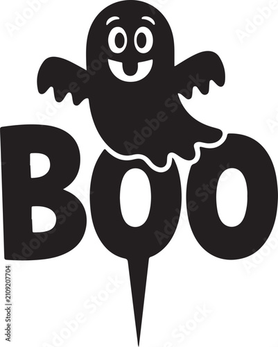 Foto Happy cartoon ghost saying boo with letter cutout