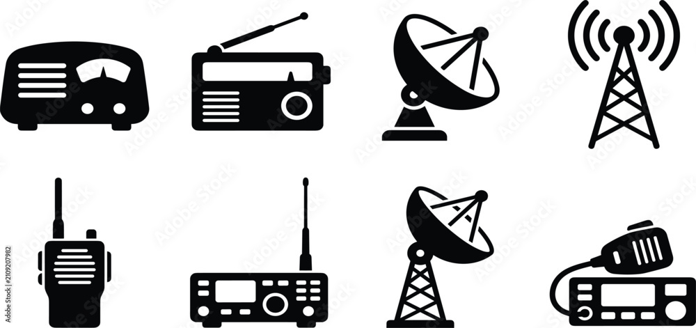 Fototapeta premium Radio Communication Equipment Icon Set Black Silhouette Vector Collection Featuring Radio Antenna Satellite Dish Walkie Talkie and Transceiver