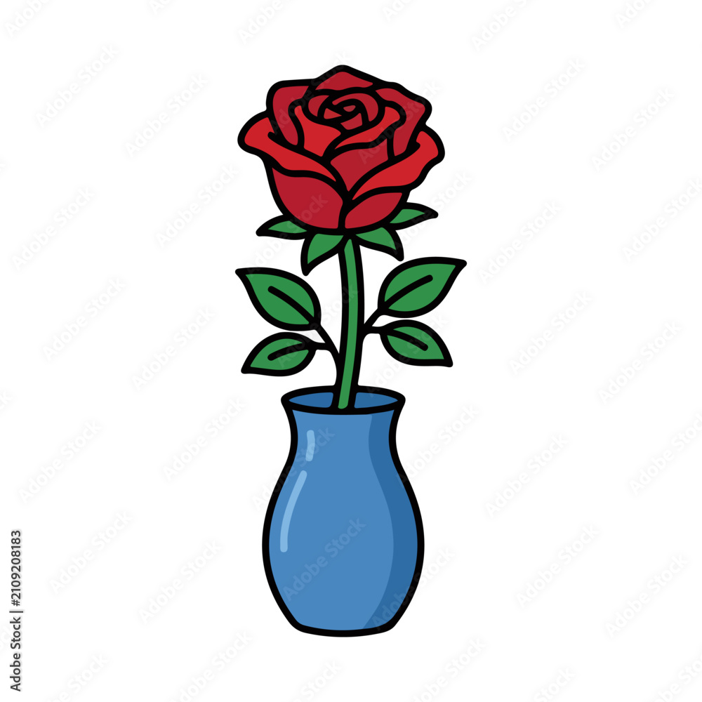 Obraz premium Single red rose flower in blue vase illustration on white background