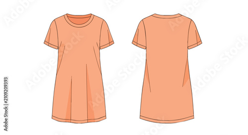 Blank Salmon Orange T-Shirt Dress Apparel Mockup Technical Illustration for Fashion Design Branding