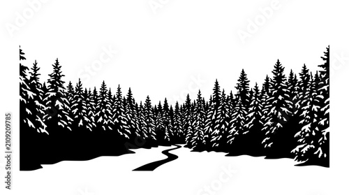 Black and white winter pine forest silhouette landscape with winding path
