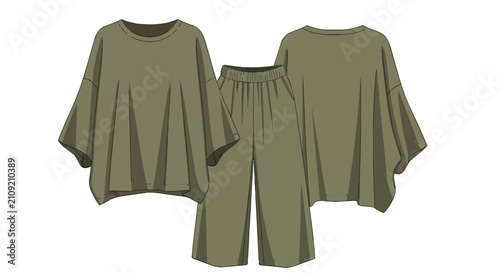 Stylish Women's Olive Green Oversized Loungewear Set Featuring Wide Leg Pants and Batwing Sleeve Top Design