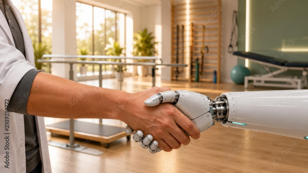 Naklejka premium Physical Therapist and AI Robot Handshake in Modern Rehabilitation Center