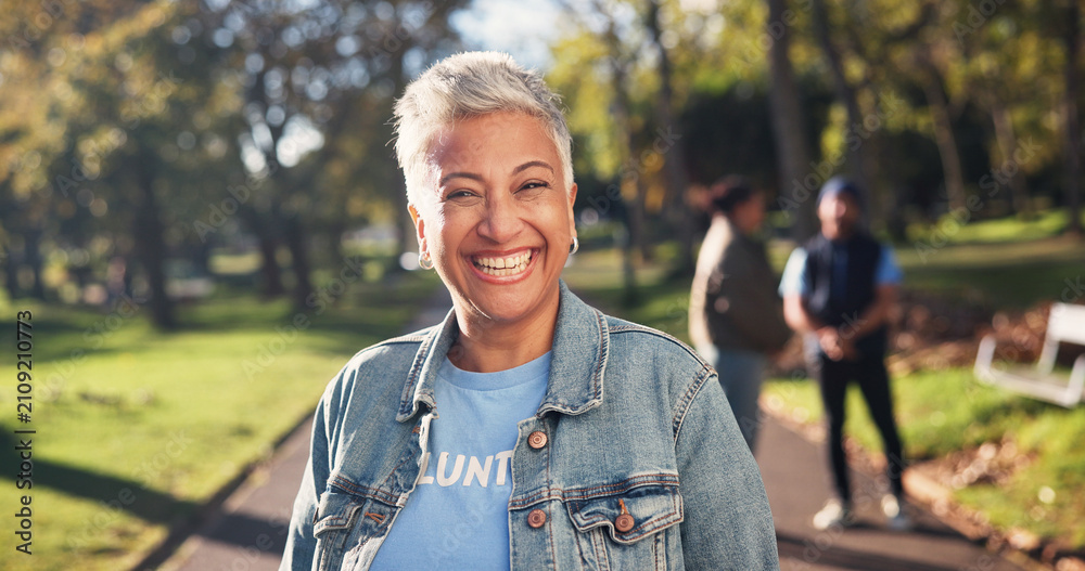 Obraz premium Volunteer, mature and portrait of happy woman in park for climate change, sustainability and charity. Nature, smile and person with environmental campaign, community service and eco friendly ngo