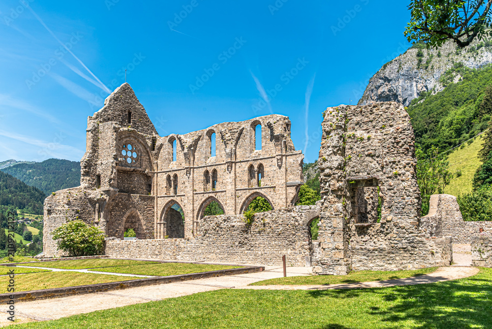 Fototapeta premium View at the ruins of Aulps Monastery - France