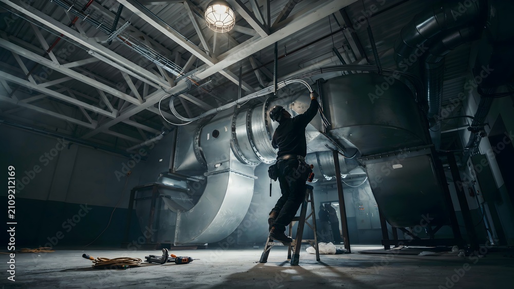 Fototapeta premium Industrial Maintenance Worker Inspecting Large Ventilation System in Factory