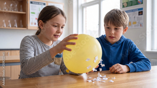 Students explore the principles of static electricity by using a rubber balloon to attract small paper scraps in a bright classroom setting.