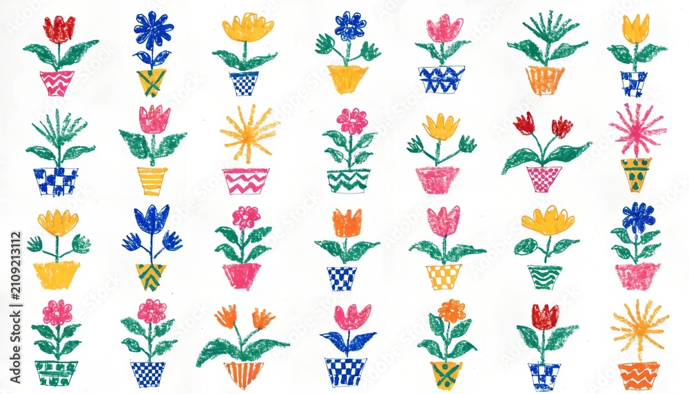 Fototapeta premium Hand Drawn Colorful Potted Flowers Pattern on White Background
