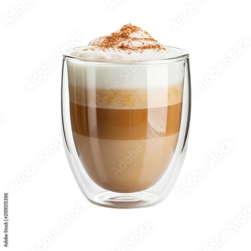 Double wall glass mug with layered latte coffee whipped cream topping and cinnamon dusting for coffee shop menu