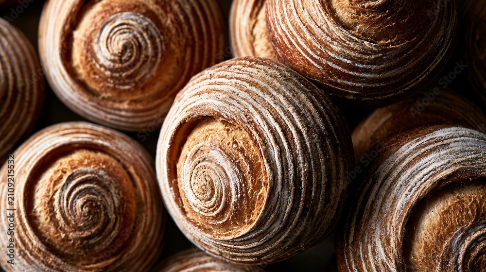 Obraz premium A top-down arrangement where rustic bread loaves create spiral patterns across the frame