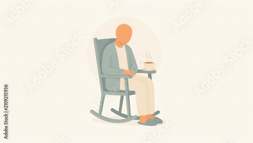 Senior person relaxing quietly sitting inside wooden rocking chair drinking warm beverage flat vector illustration with elderly person resting