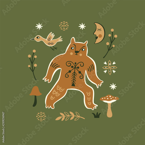 Cute Bear in Folk Art Style and Decorative Elements